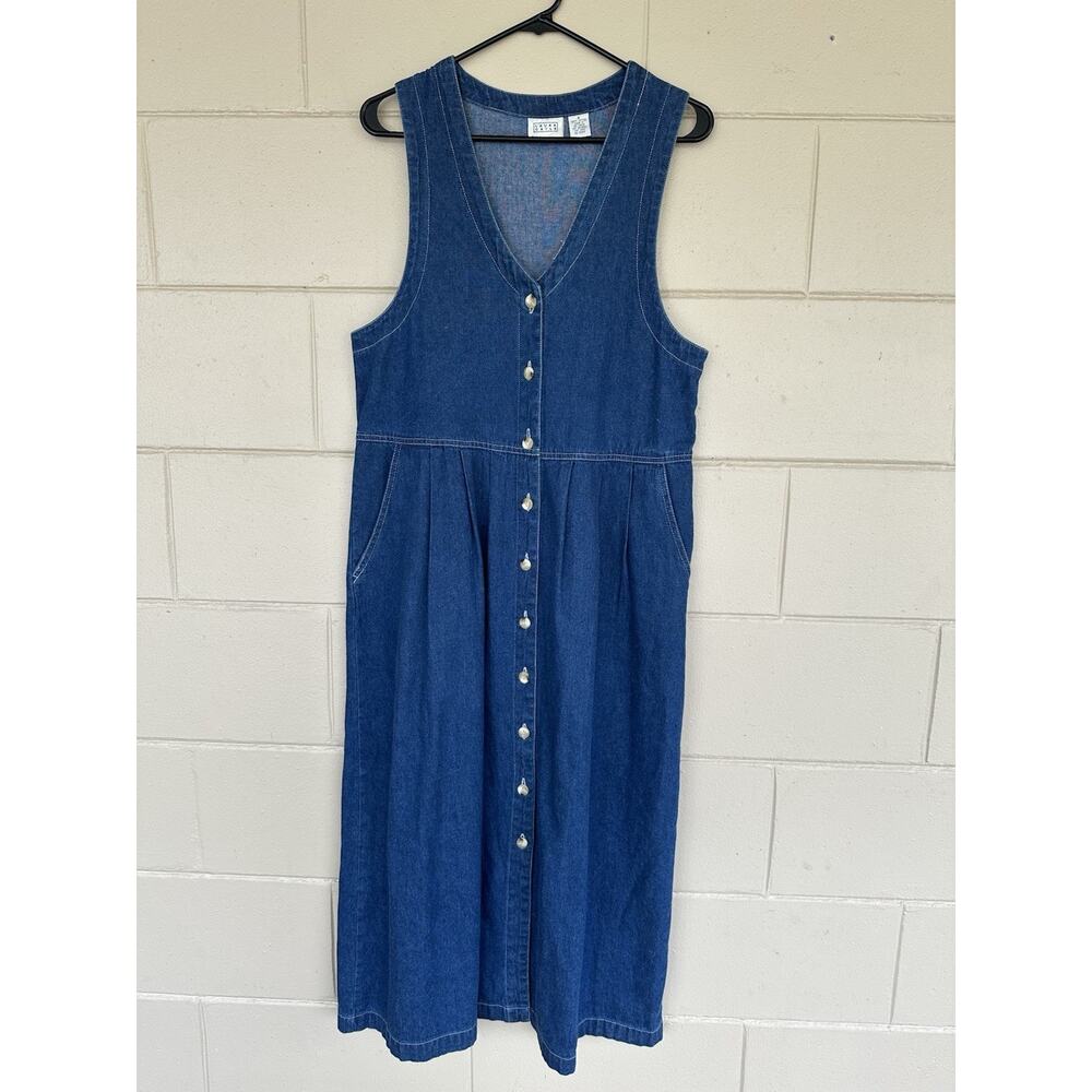 Vintage Denim Jumper Dress Womens Button Pockets Maxi Modest Size 8 Laura Gayle